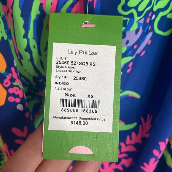 NWT LILLY PULITZER SANILLA SILK TOP, INDIGO BLUE, ALL A GLOW Women's XS - Picture 5 of 7
